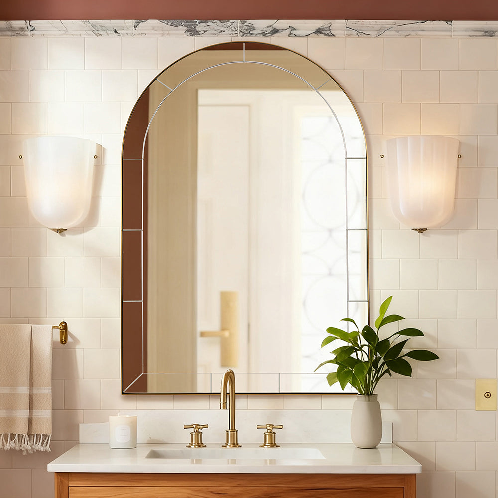 Minuette Glass Tile Edge Arched Mirror Bathroom Vanity Mirror | Stainless Steel Frame