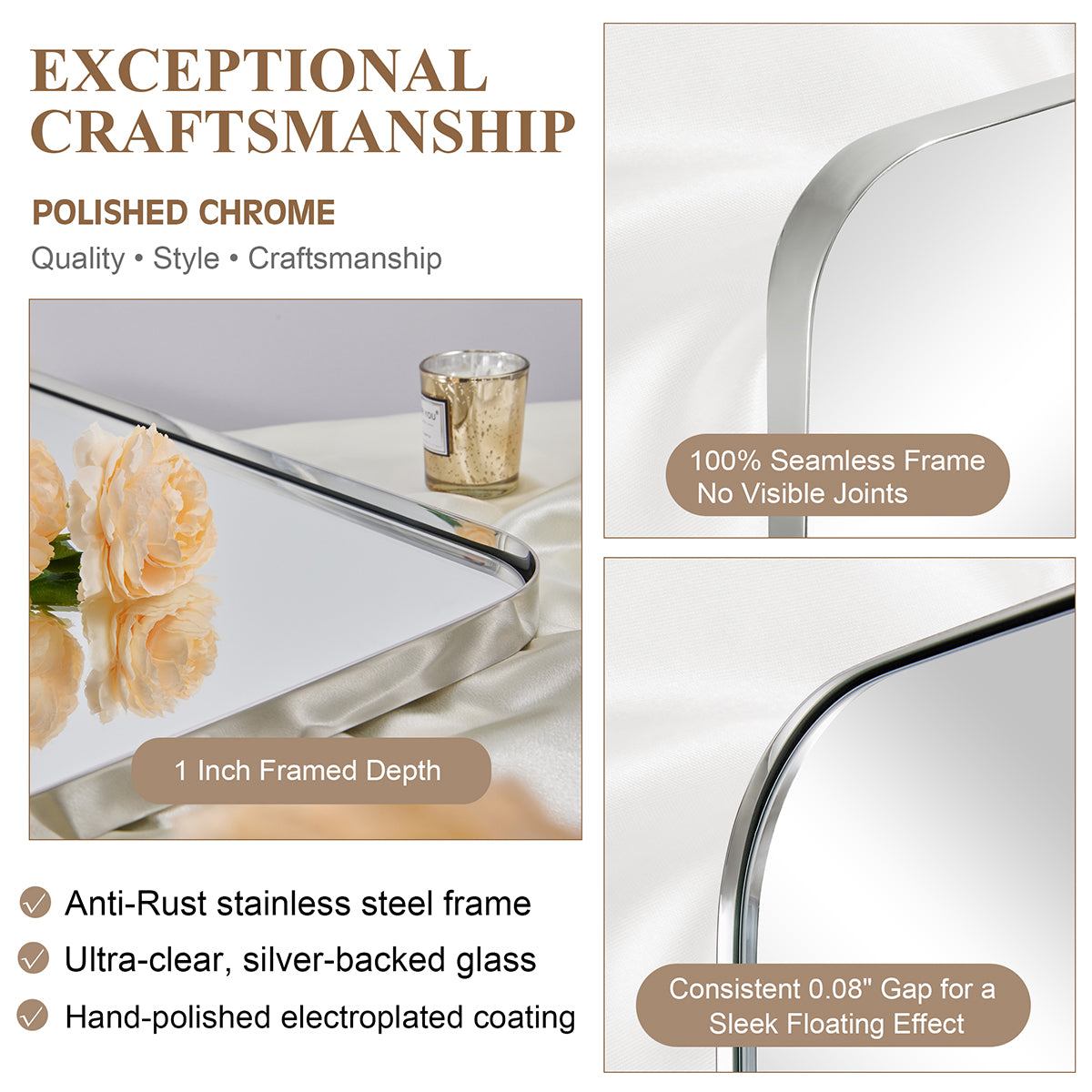 Modern Oblong Bathroom Mirror Long Oval Mirror | Stainless Steel Frame