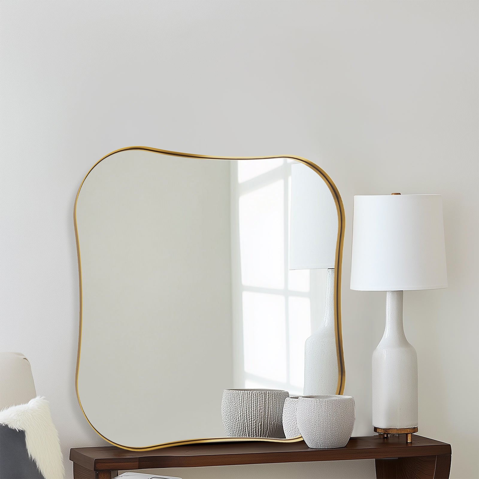 Contemporary Brushed Gold Irregular  Scalloped Square Bathroom Vanity Wall Mirrors