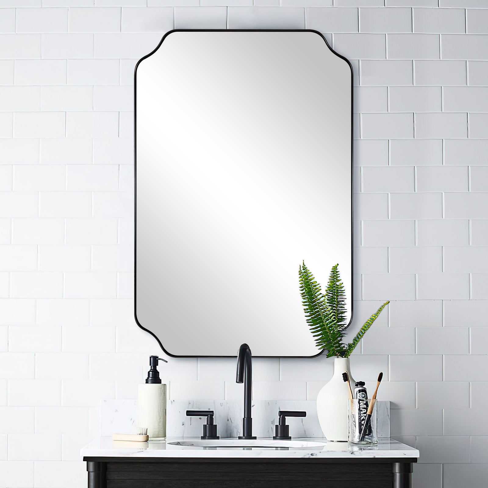 Contemporary Rounded Notched Corner Irregular Scalloped Mirror for Wall Black