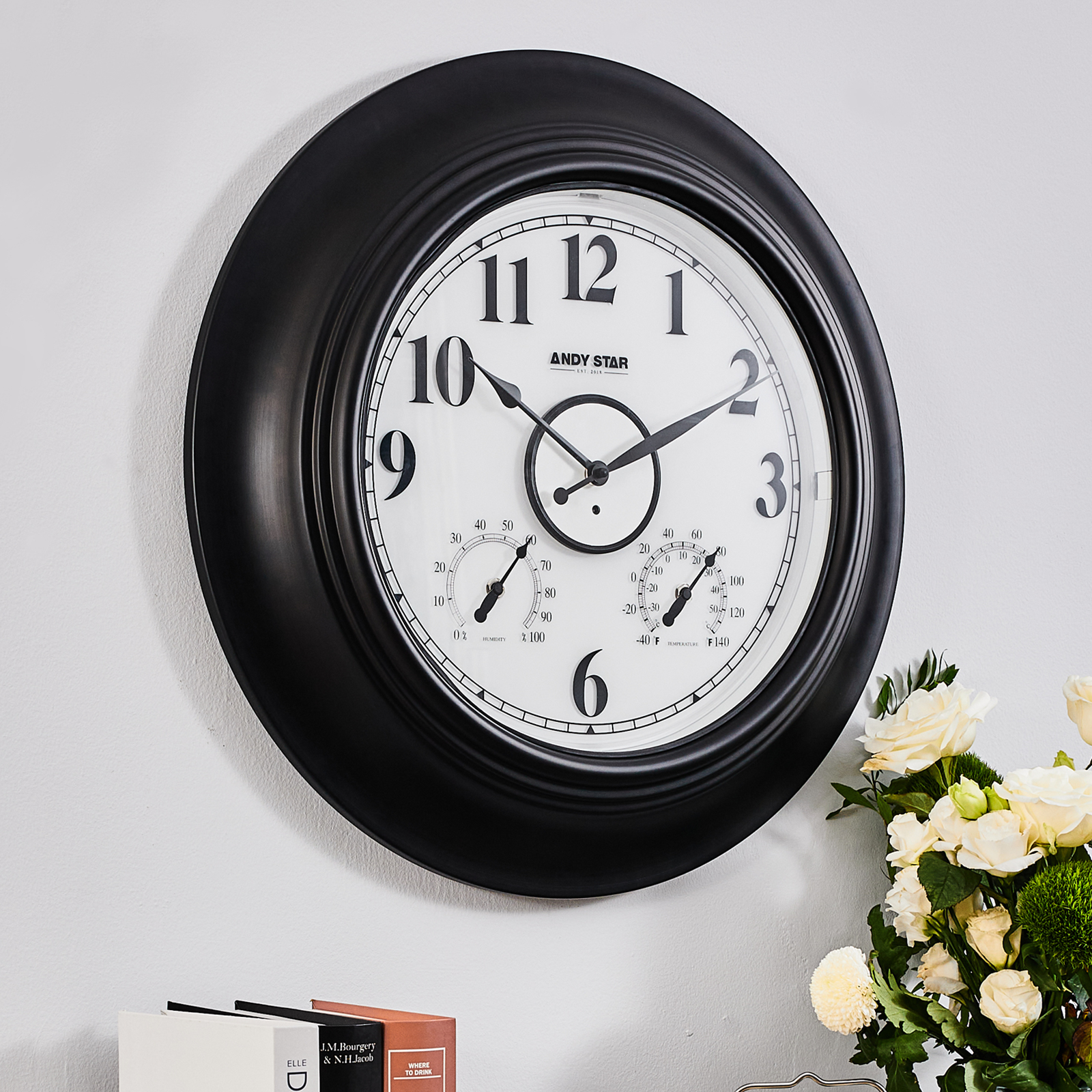 Contemporary Illuminated Outdoor Clock with Thermometer Weatherproof Waterproof | Black, 21 inch