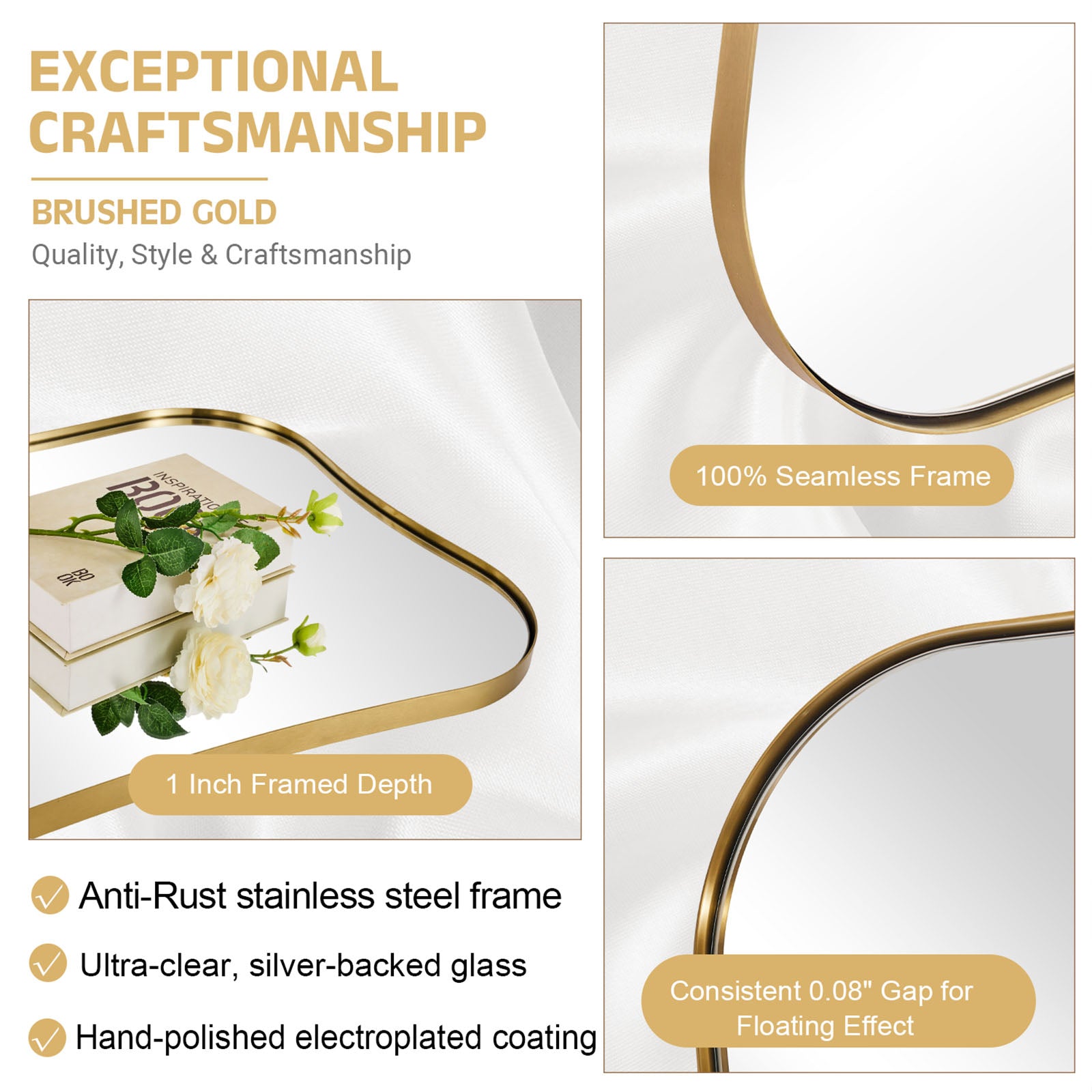 Contemporary Dual  Concave Edge Rouded Scalloped Rectangle Wall Mirror | Stainless Steel Frame