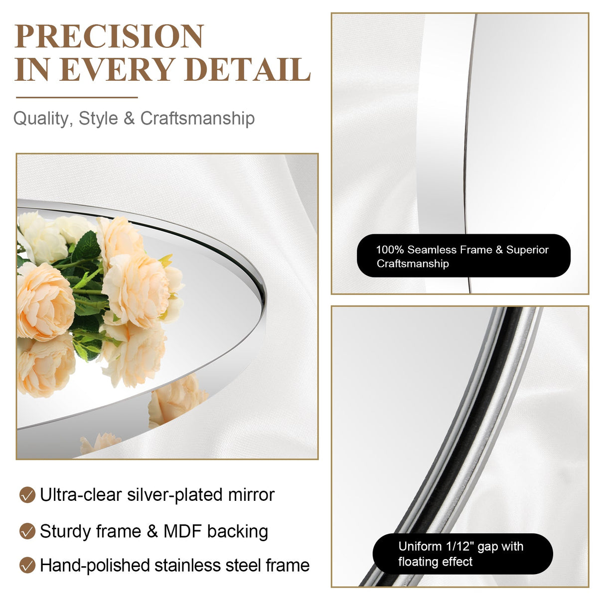 Open Box Like New : Contemporary Pill / Capsule Shaped Bathroom Wall Mirrors | Stainless Steel Framed
