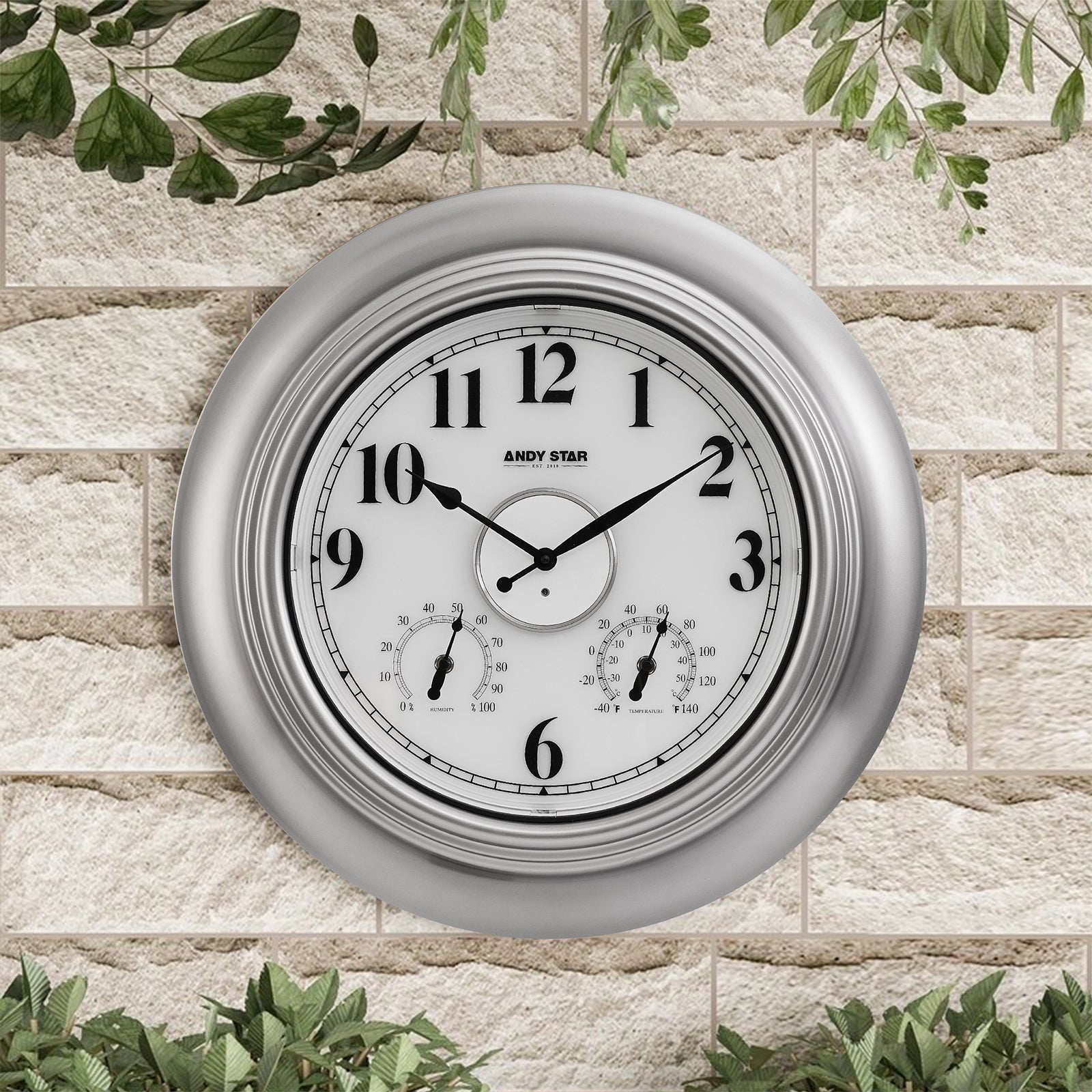 Waterproof Bathroom Wall Clock Illuminated Outdoor Clock with Thermometer Weatherproof Silver