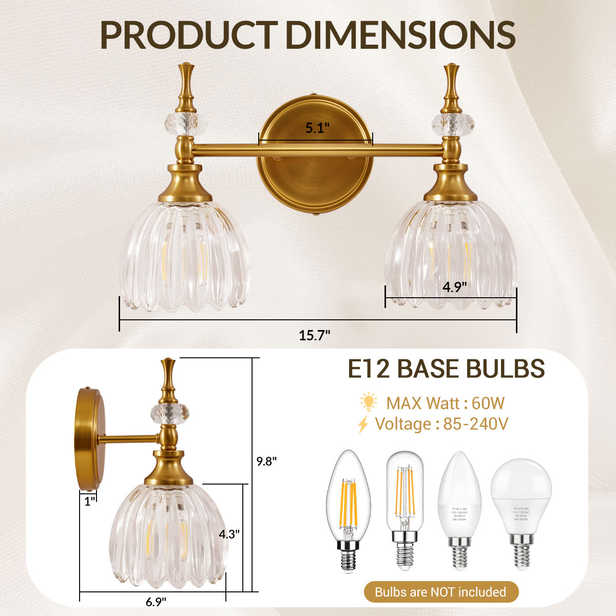 Luxury Gold Wall Sconces Bathroom Vanity Lights with Tulip Glass Shade for Bedroom, Hallway