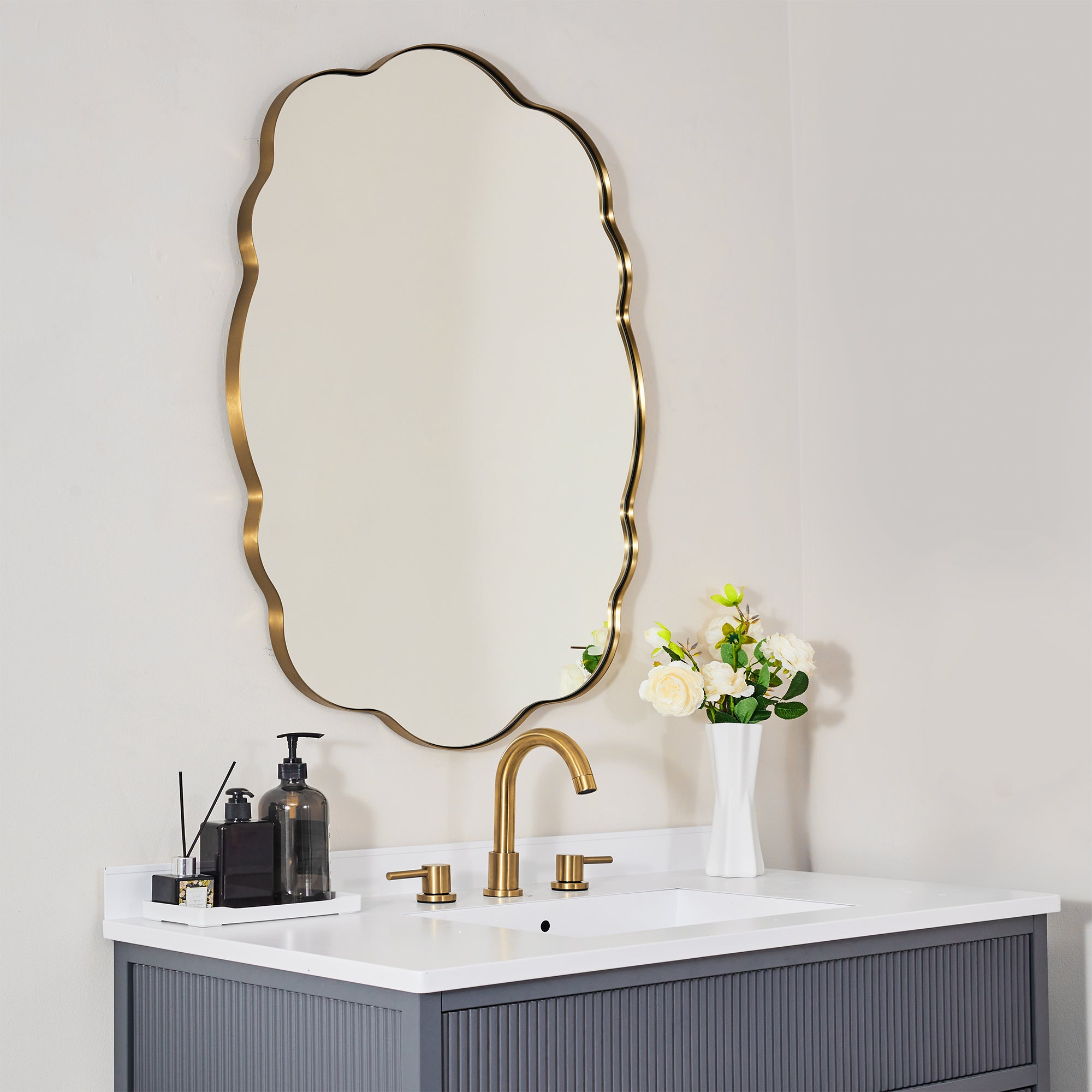 Contemporary Wavy Oval Scalloped Bathroom Vanity Mirror  Irregular Decorative Mirror| Stainless Steel Framed