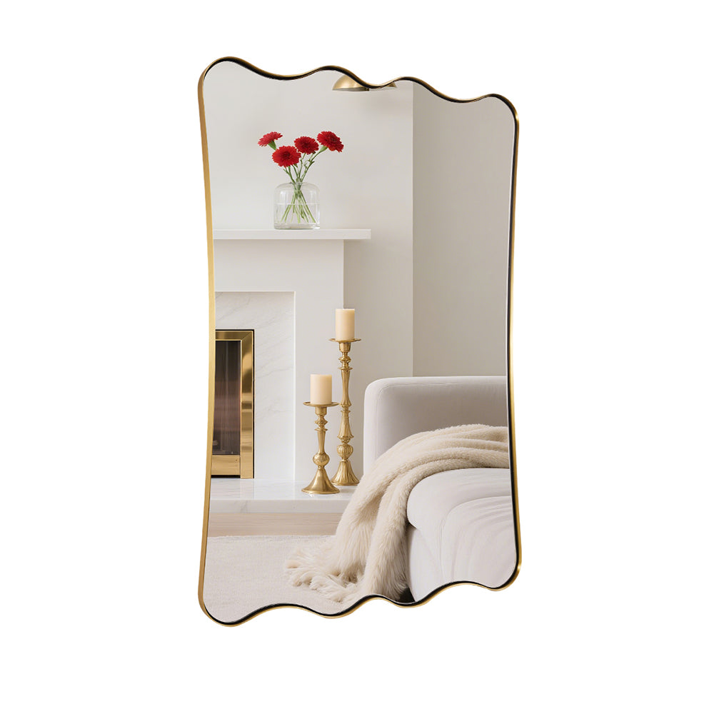 Contemporary Wavy Scalloped Rectangle Mirror Decorative Bathroom Mirror | Stainless Steel Frame