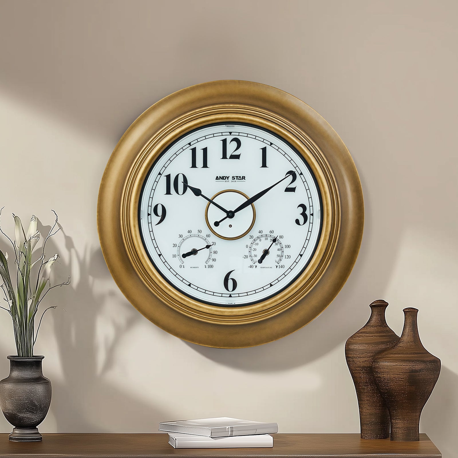 Waterproof Bathroom Wall Clock Illuminated Outdoor Clock with Thermometer Gold