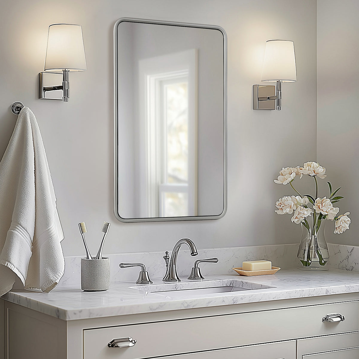 Contemporary Rectangle Bathroom Mirror |Rounded Stainless Steel Framed