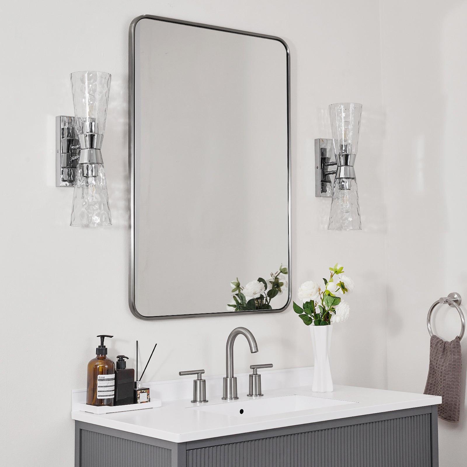 Modern Rounded Rectangular Bathroom Mirrors| U-Shaped Tube Stainless Steel Frame