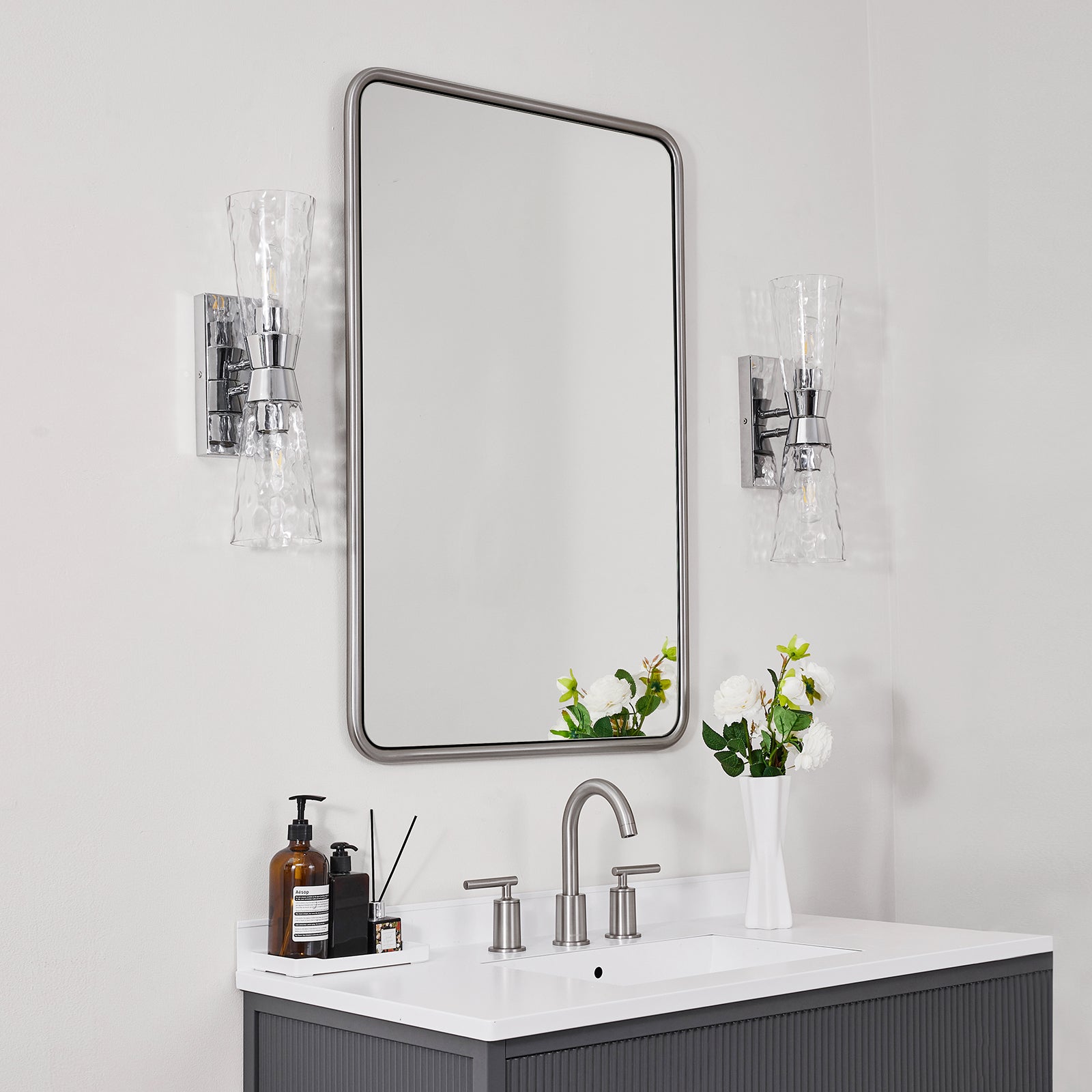 Contemporary Rounded Rectangular Bathroom Mirrors| O-Shaped Tube Stainless Steel Frame