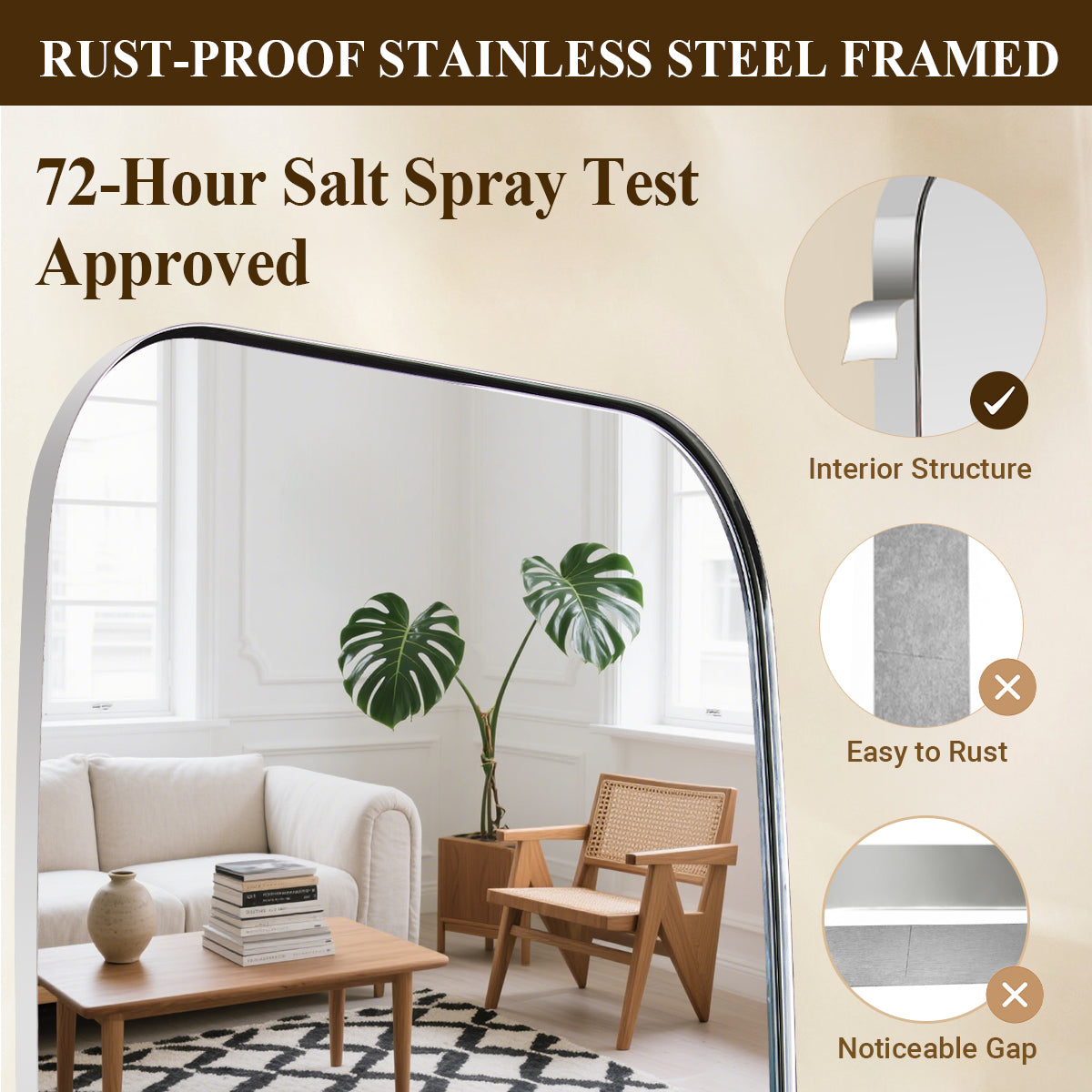 Modern Oblong Bathroom Mirror Long Oval Mirror | Stainless Steel Frame