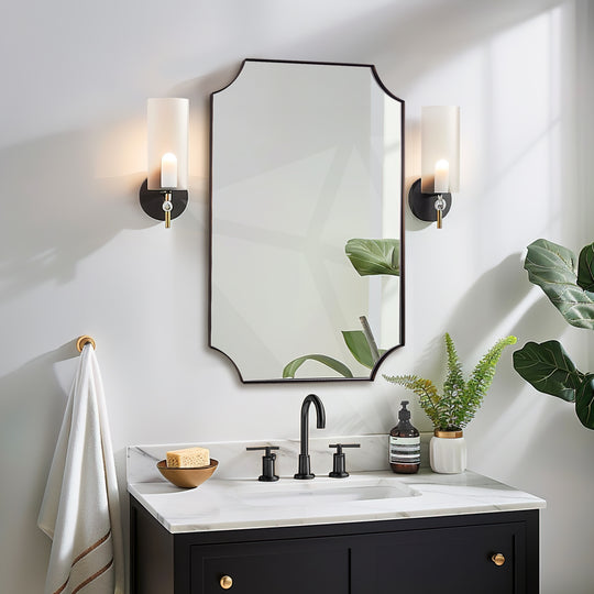 Contemporary  Rounded Notched Corner Scalloped  Rectangle Bathroom Vanity Mirror | Stainless Steel Frame