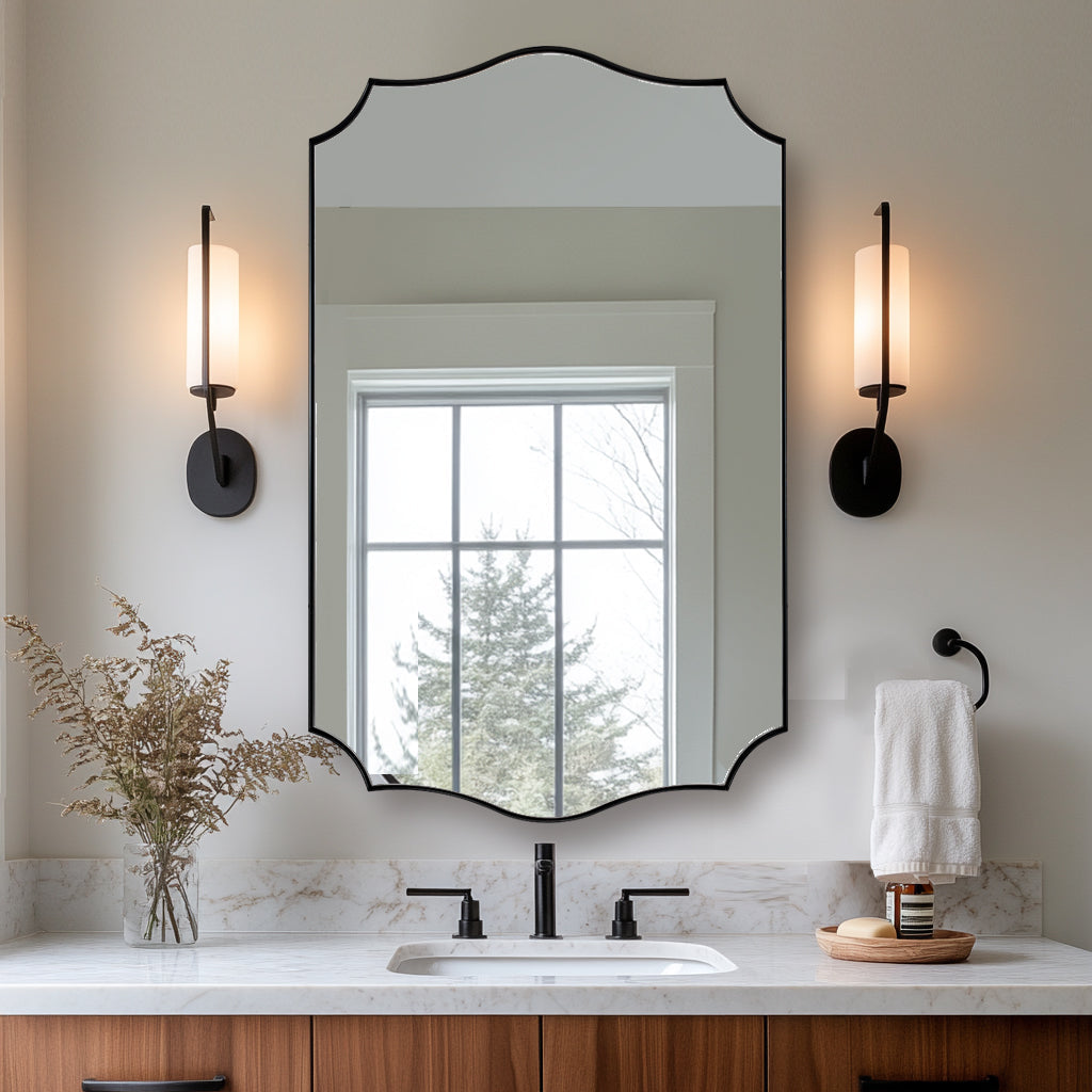 Traditional Rectangle Scalloped  Wall Mirror for Bathroom | Stainless Steel Frame