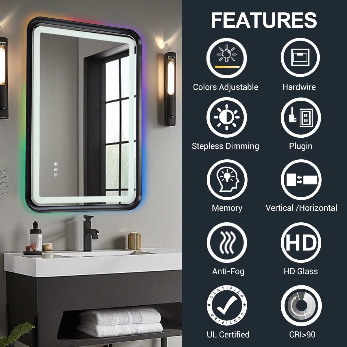 Black Framed Bathroom Mirror With Lights, Led Mirror For Dual Front & Back Lights, Defogging & Memory