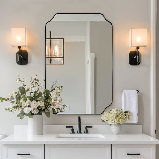Contemporary Rounded Notched Corner Irregular Scalloped Mirror for Wall /Bathroom | Stainless Steel Frame