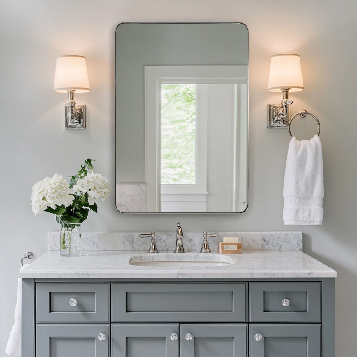 Open Box Like New : Modern Rounded Rectangle Mirror for Bathroom/ Vanity/ Wall | Stainless Steel Frame