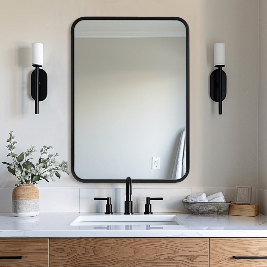 Modern Bold Metal Framed Rounded Rectangular Bathroom Vanity Mirrors