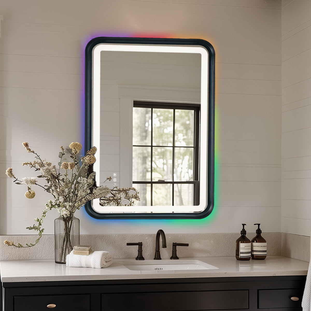 Black Framed Bathroom Mirror With Lights, Led Mirror For Dual Front & Back Lights, Defogging & Memory