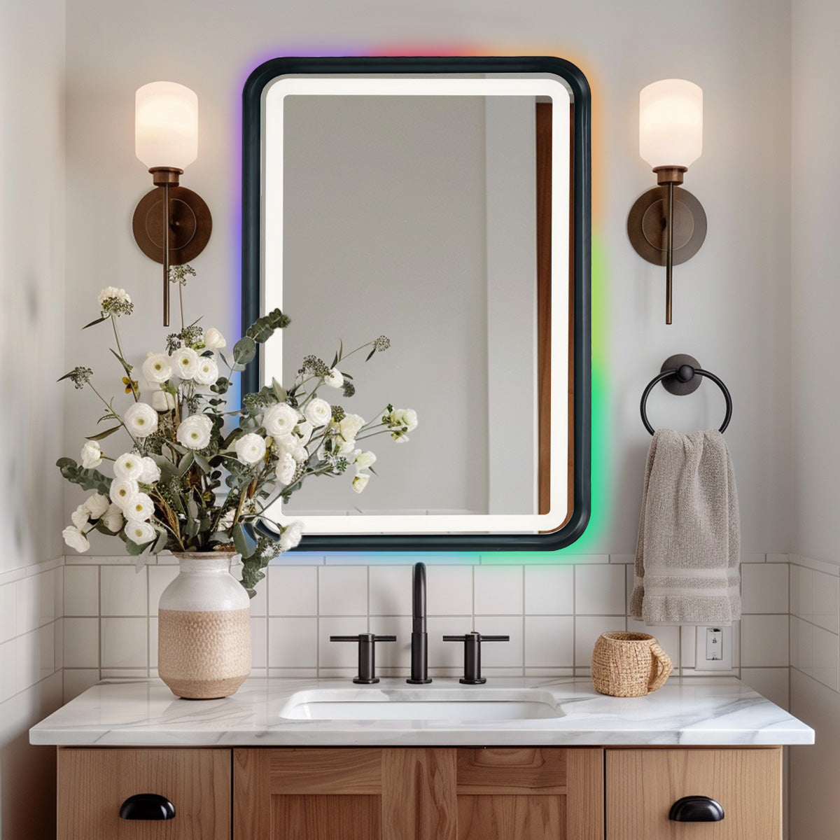 Black Framed Bathroom Mirror With Lights, Led Mirror For Dual Front & Back Lights, Defogging & Memory