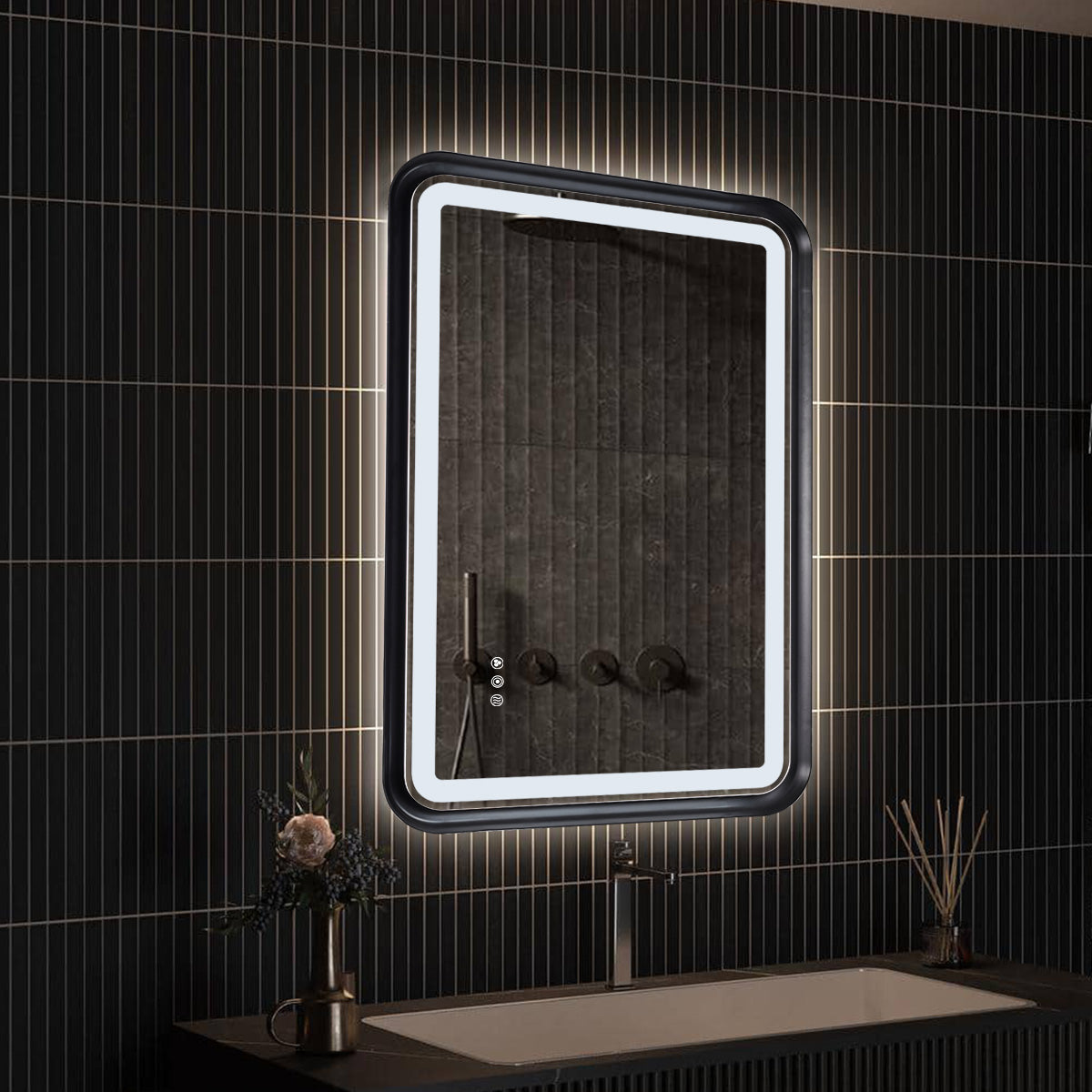 Black Framed Bathroom Mirror With Lights, Led Mirror For Dual Front & Back Lights, Defogging & Memory