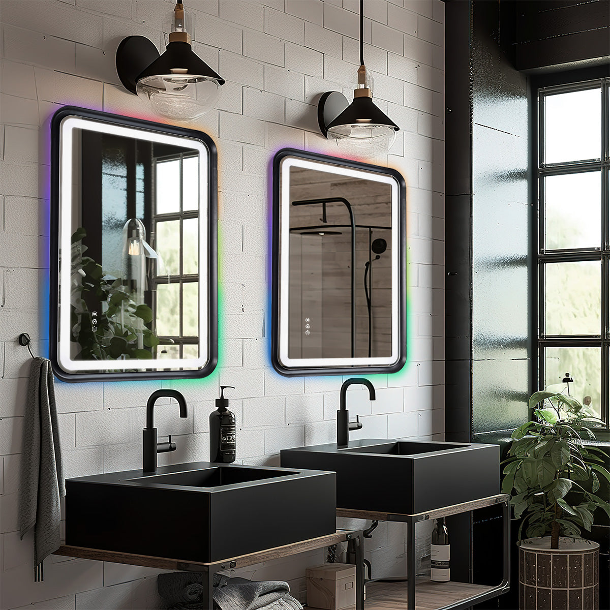 Black Framed Bathroom Mirror With Lights, Led Mirror For Dual Front & Back Lights, Defogging & Memory