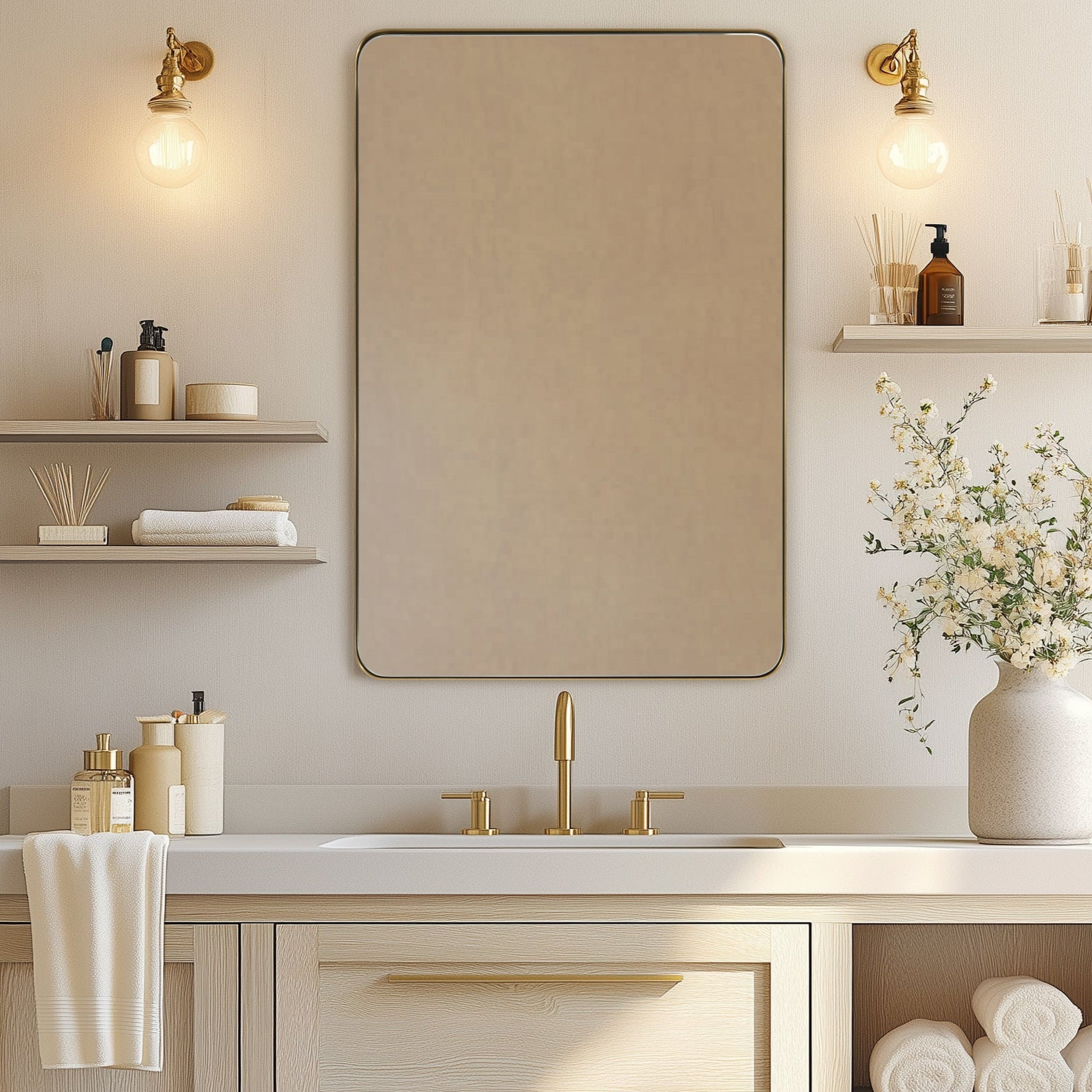 Modern Rounded Rectangle Mirror for Bathroom/ Vanity/ Wall | Stainless Steel Frame