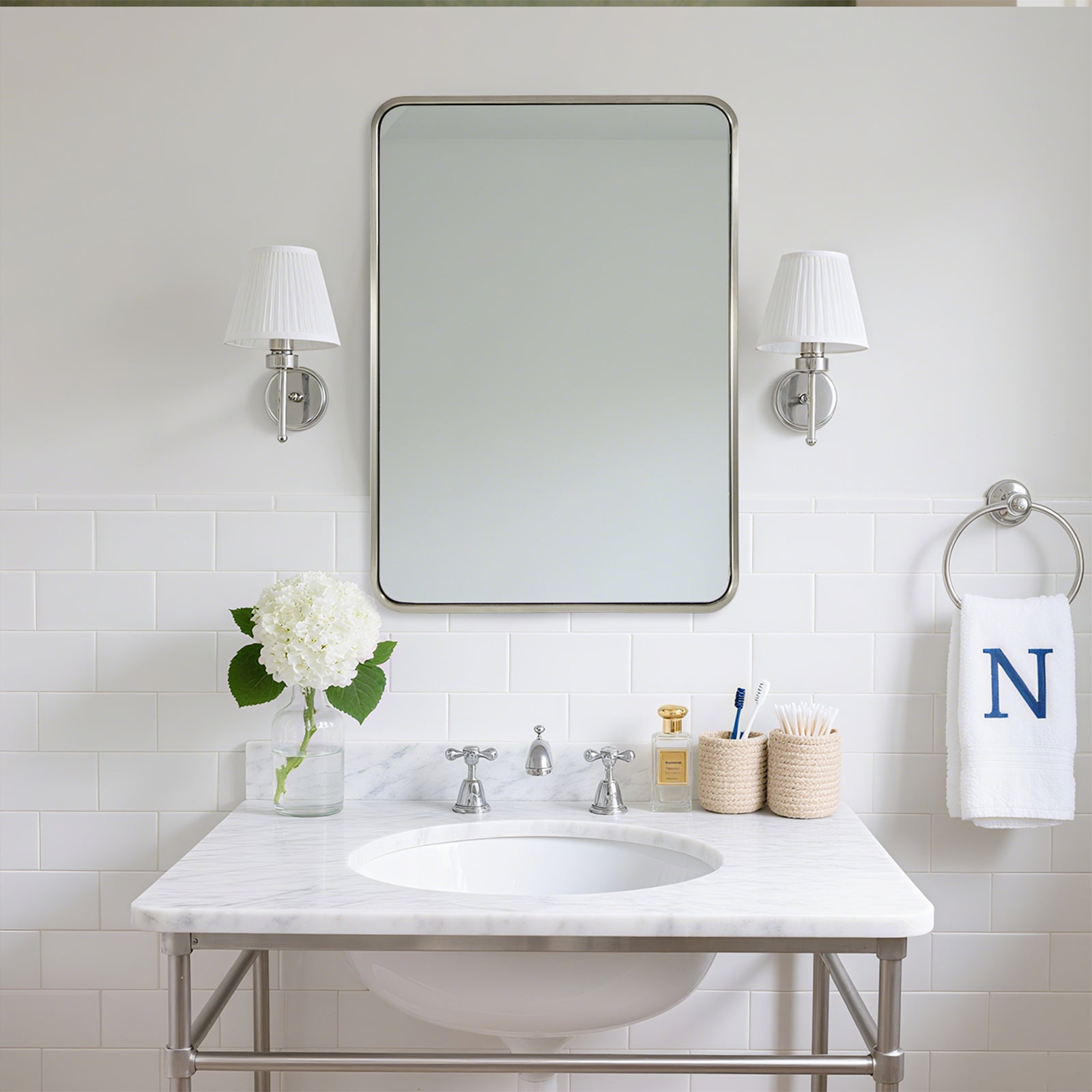 Modern Bold Stainless Steel Framed Rounded Rectangular Bathroom Wall Mirror