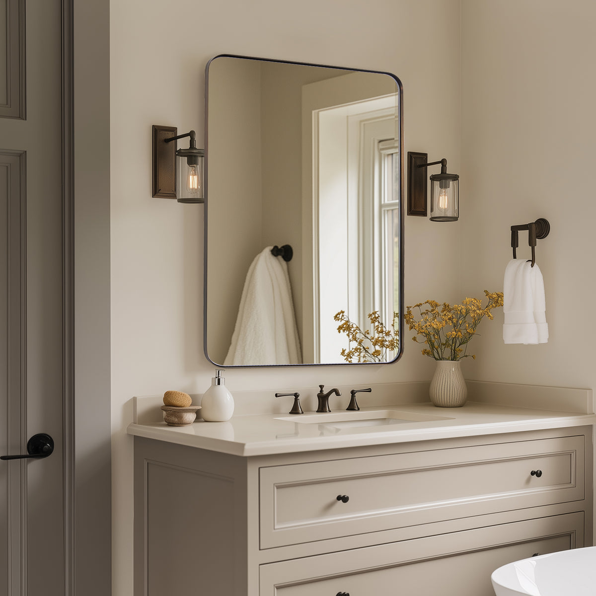Open Box Like New : Modern Rounded Rectangle Mirror for Bathroom/ Vanity/ Wall | Stainless Steel Frame