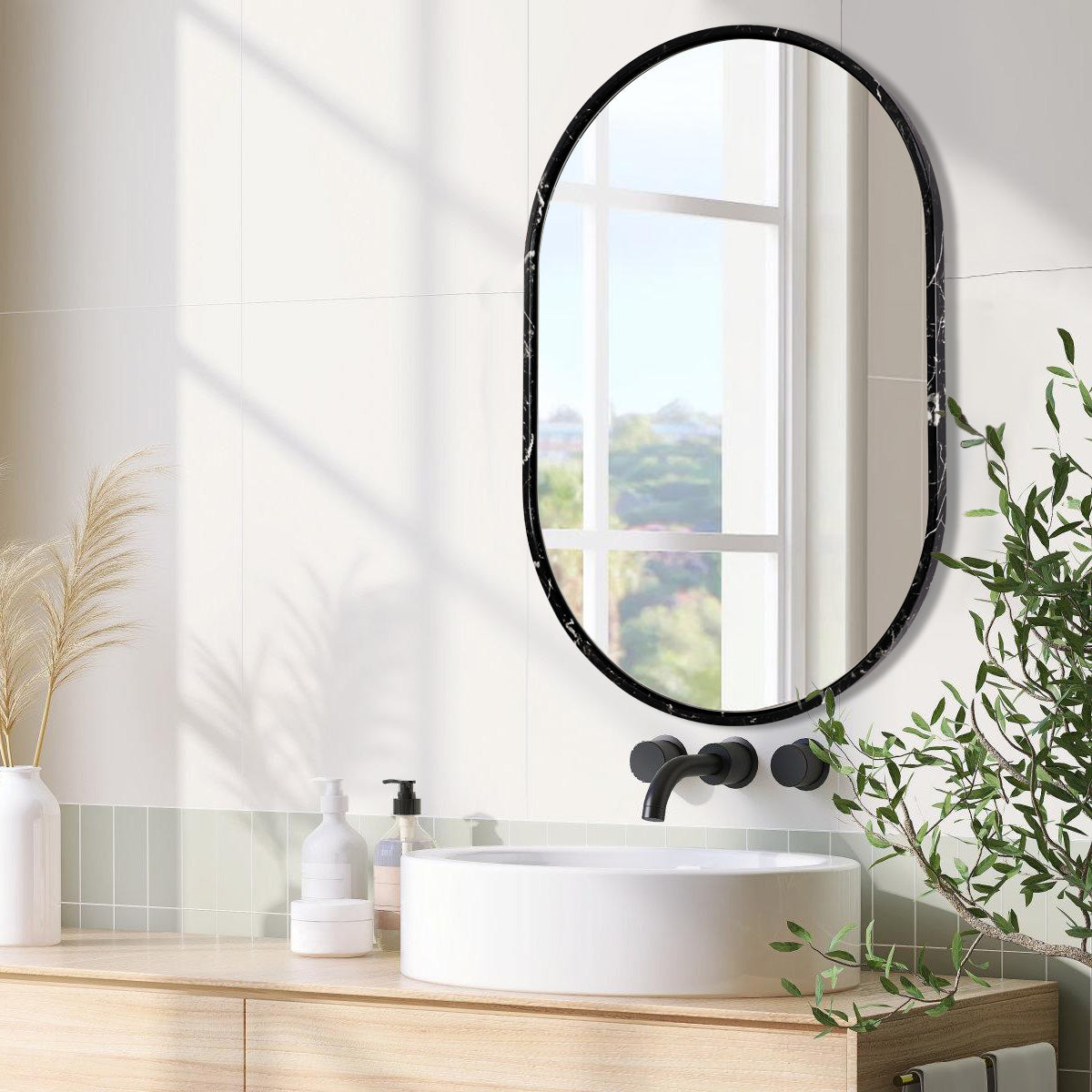 Contemporary High End Black Marble Framed Pill/ Capsule Shaped Mirrors for Vanity Bath