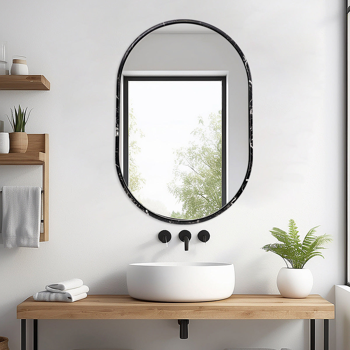 Contemporary High End Black Marble Framed Pill/ Capsule Shaped Mirrors for Vanity Bath