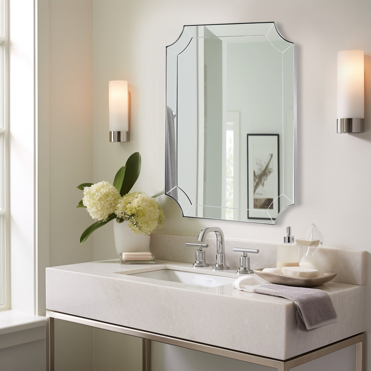 Modern Glass Tiles Edge Cut Corner Scalloped Bathroom Vanity Mirrors | Stainless Steel Frame