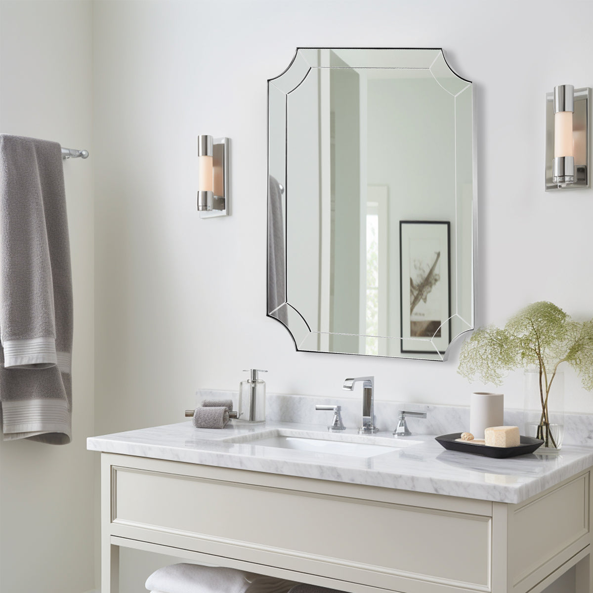 Modern Glass Tiles Edge Cut Corner Scalloped Bathroom Vanity Mirrors | Stainless Steel Frame