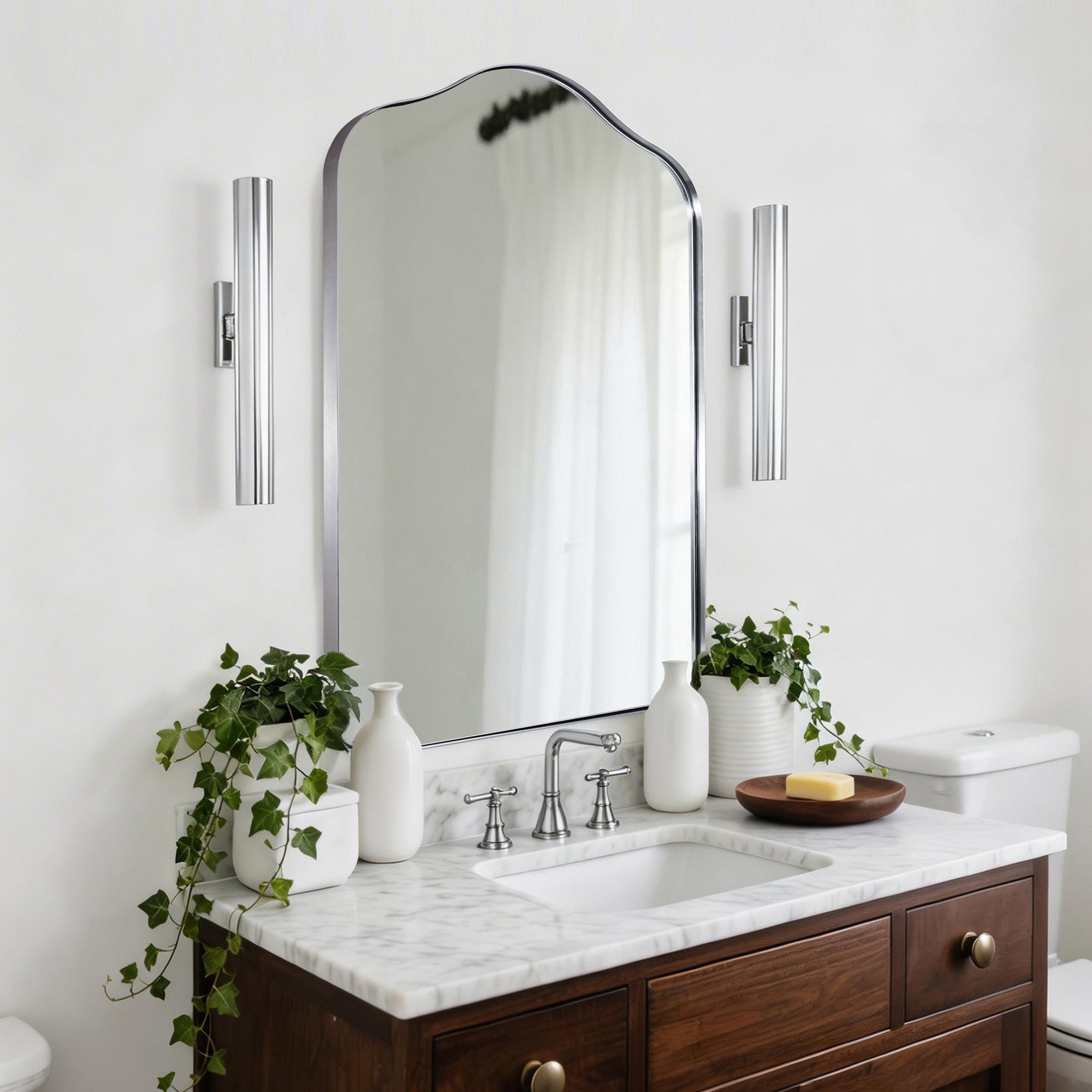 Contemporary Arch Top Curved Arched Bathroom Vanity Mirror | Stainless Steel Frame