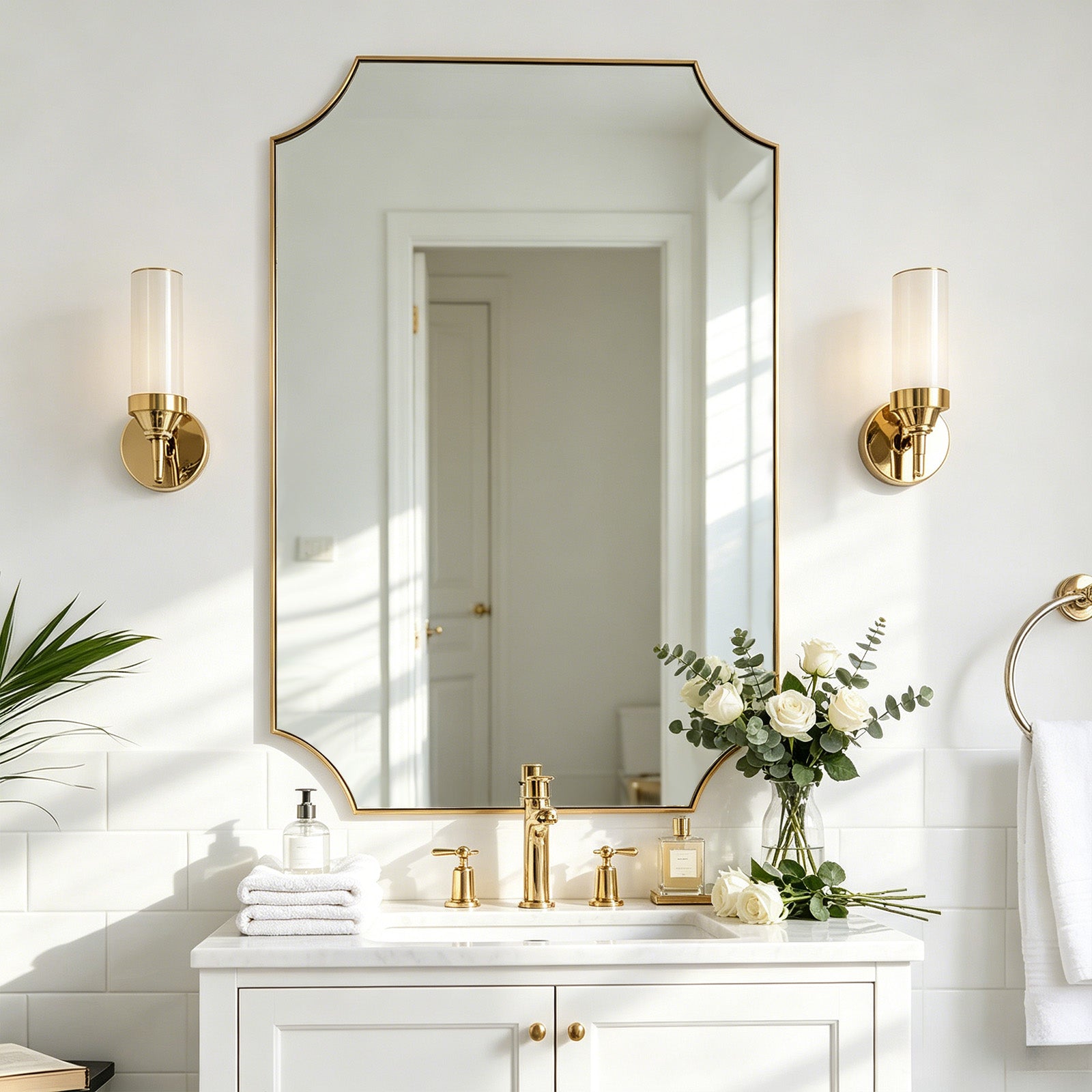 Contemporary Notched Corner Scalloped  Rectangle Bathroom Vanity Mirror | Stainless Steel Frame
