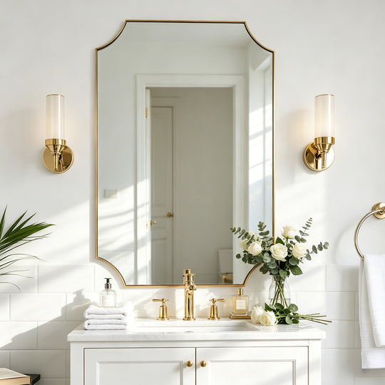 Contemporary Notched Corner Scalloped  Rectangle Bathroom Vanity Mirror | Stainless Steel Frame