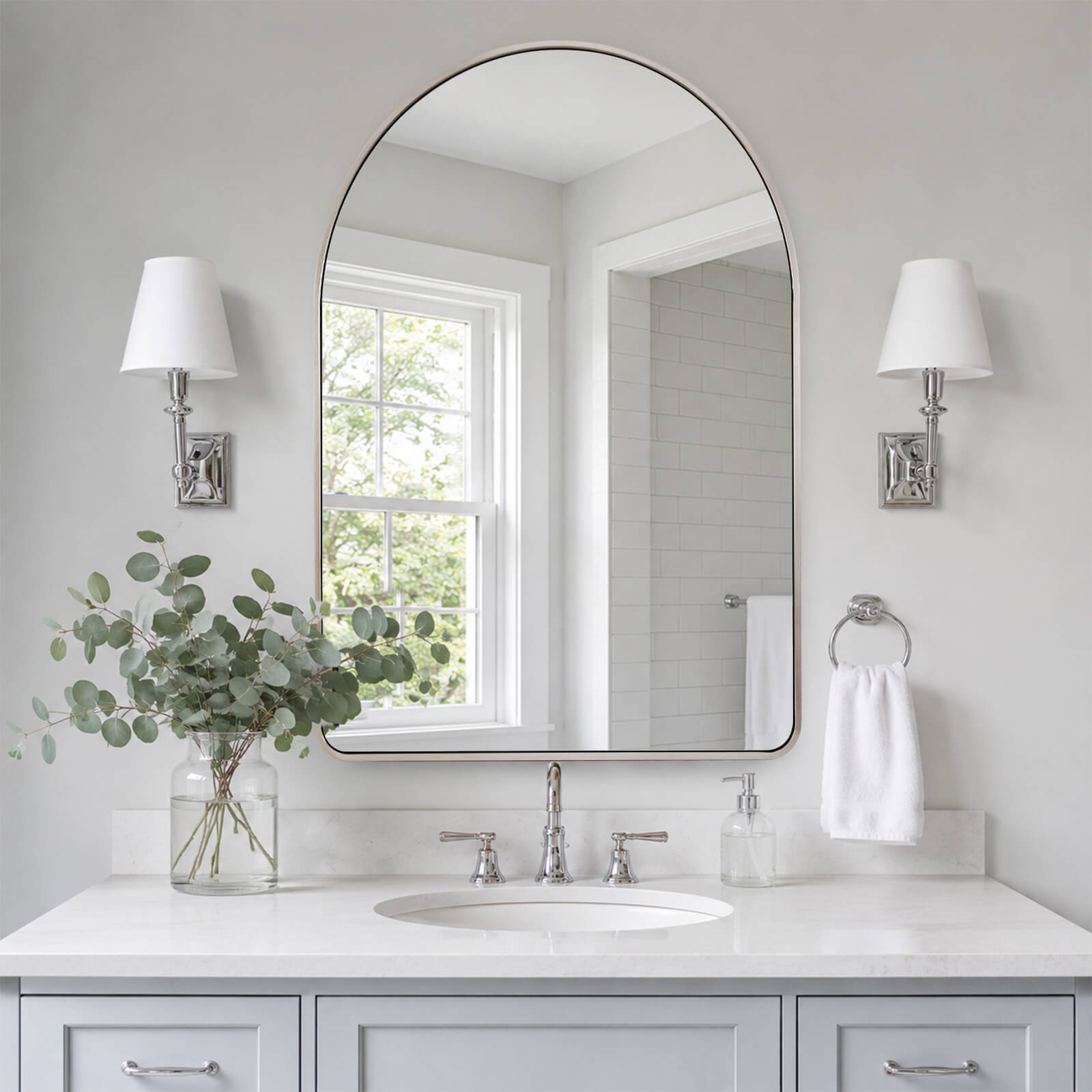 Contemporary Arched Bathroom Vanity Mirror Arch Wall Mirror |Stainless Steel Framed