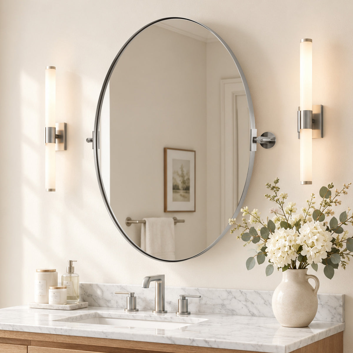 Oval Pivot Mirrors Adjustable Tilting Angle Floating  Bathroom Mirror| Stainless Steel Framed