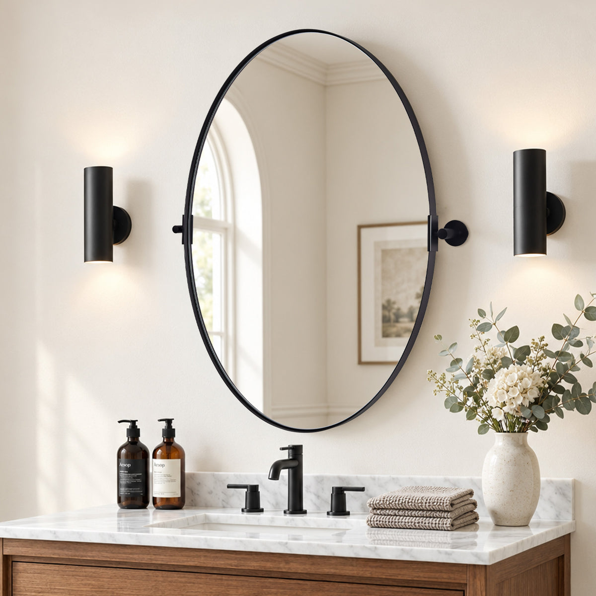 Oval Pivot Mirrors Adjustable Tilting Angle Floating  Bathroom Mirror| Stainless Steel Framed