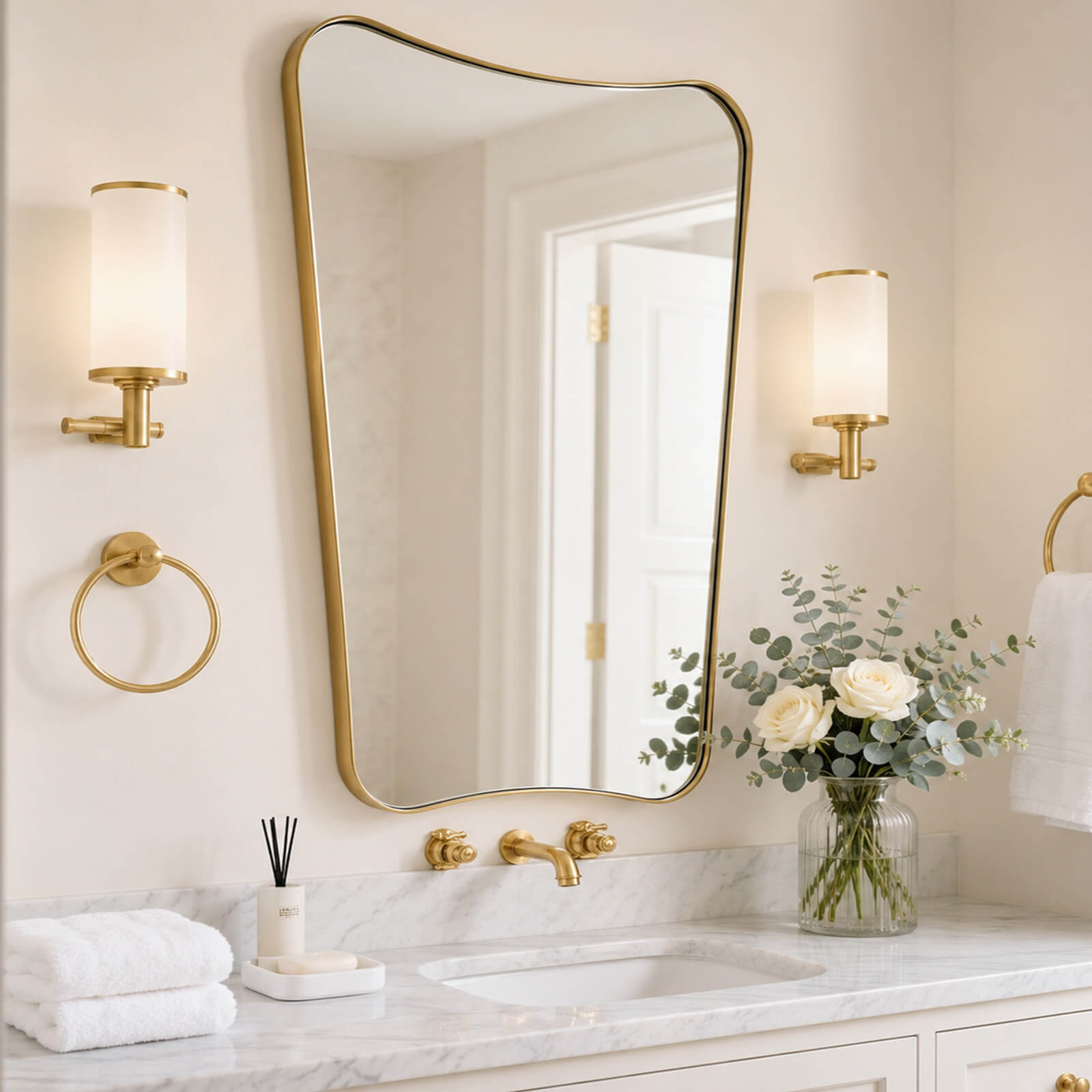 Italian Luxury Style Irregular Scalloped Wall Mirror for Bathroom  |Stainless Steel Frame
