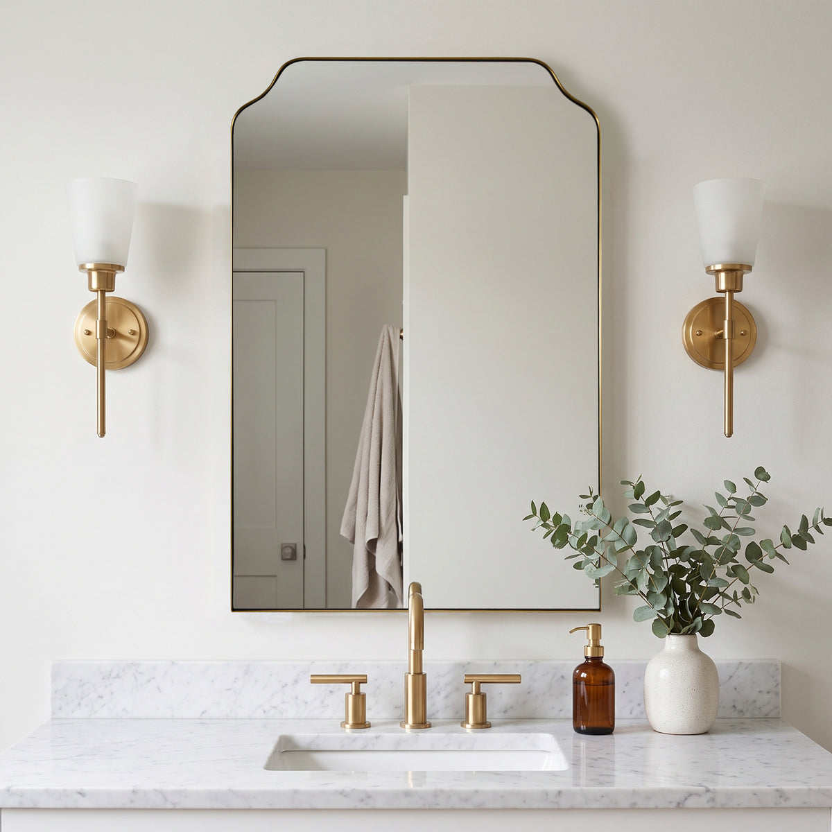 Contemporary Top Notched Corner Rectangle Scalloped Bathroom Vanity Mirror | Stainless Steel Frame