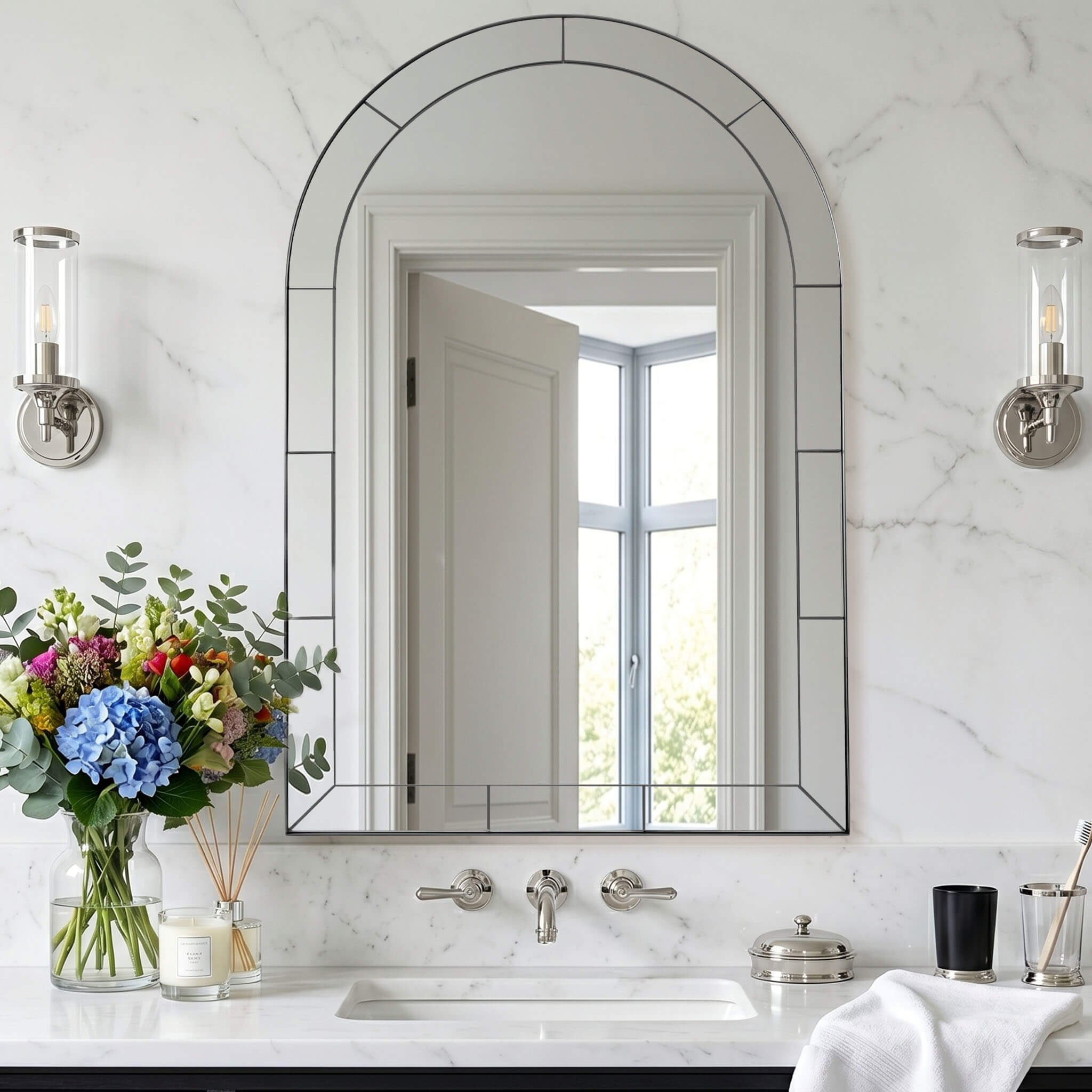 Minuette Glass Tile Edge Arched Mirror Bathroom Vanity Mirror | Stainless Steel Frame