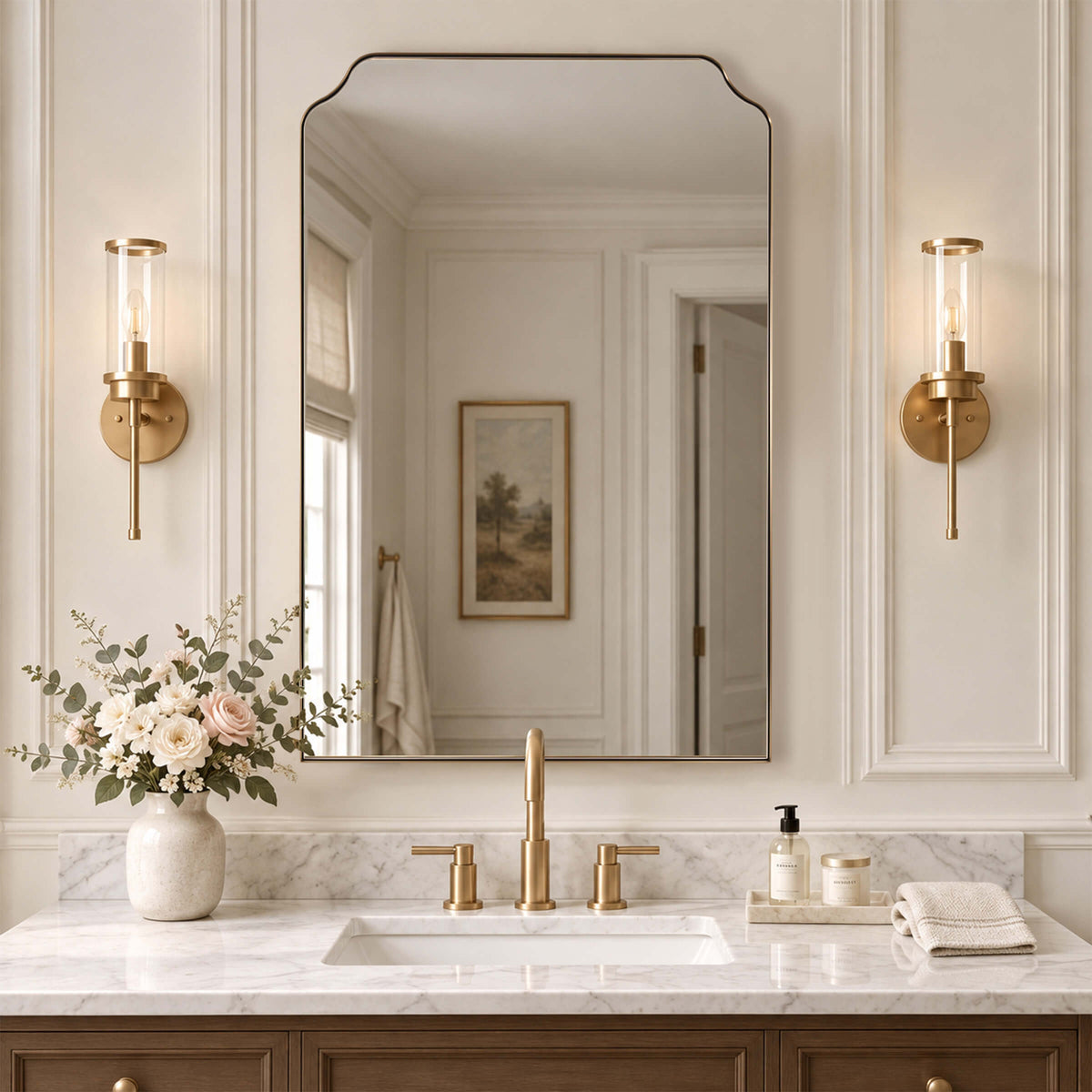 Contemporary Top Notched Corner Rectangle Scalloped Bathroom Vanity Mirror | Stainless Steel Frame