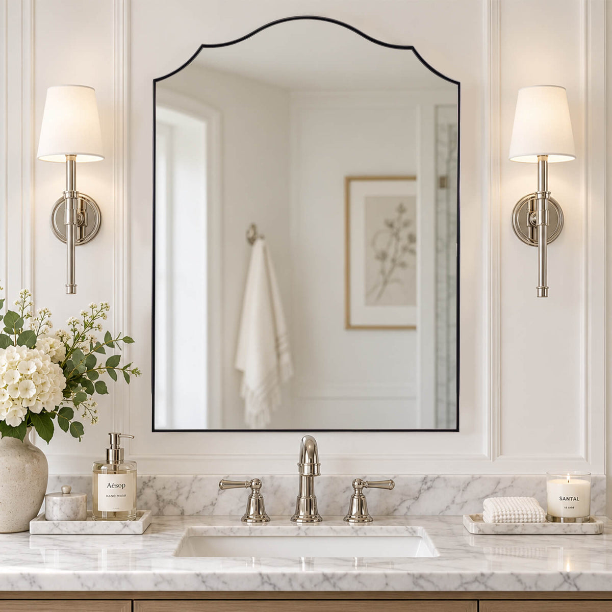 Contemporary Arched Curved Scalloped Mirror Bathroom Vanity Mirror | Stainless Steel Frame
