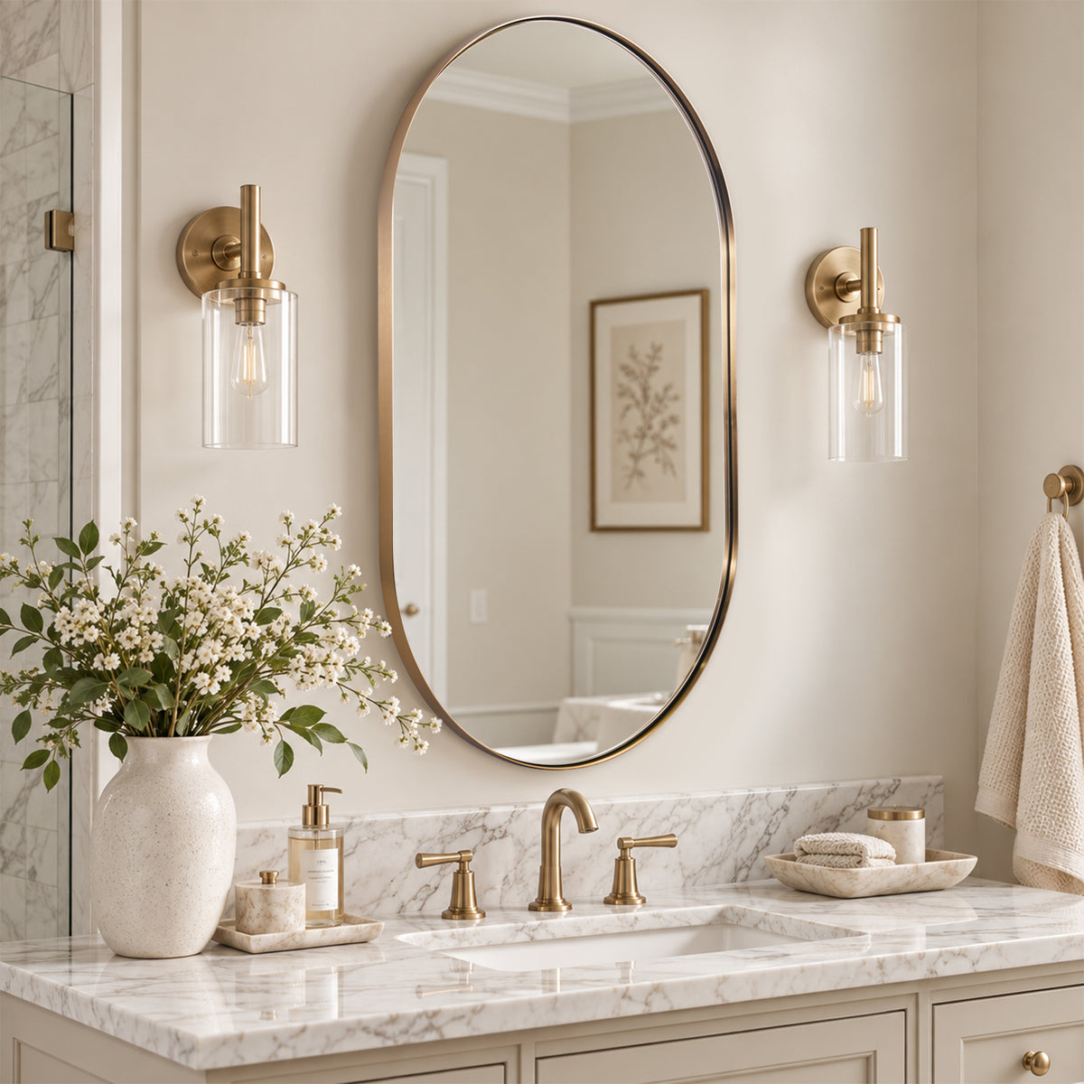 Modern Pill Shaped Capsule Wall Mirrors Long Oval Bathroom Vanity Mirror | Stainless Steel Frame