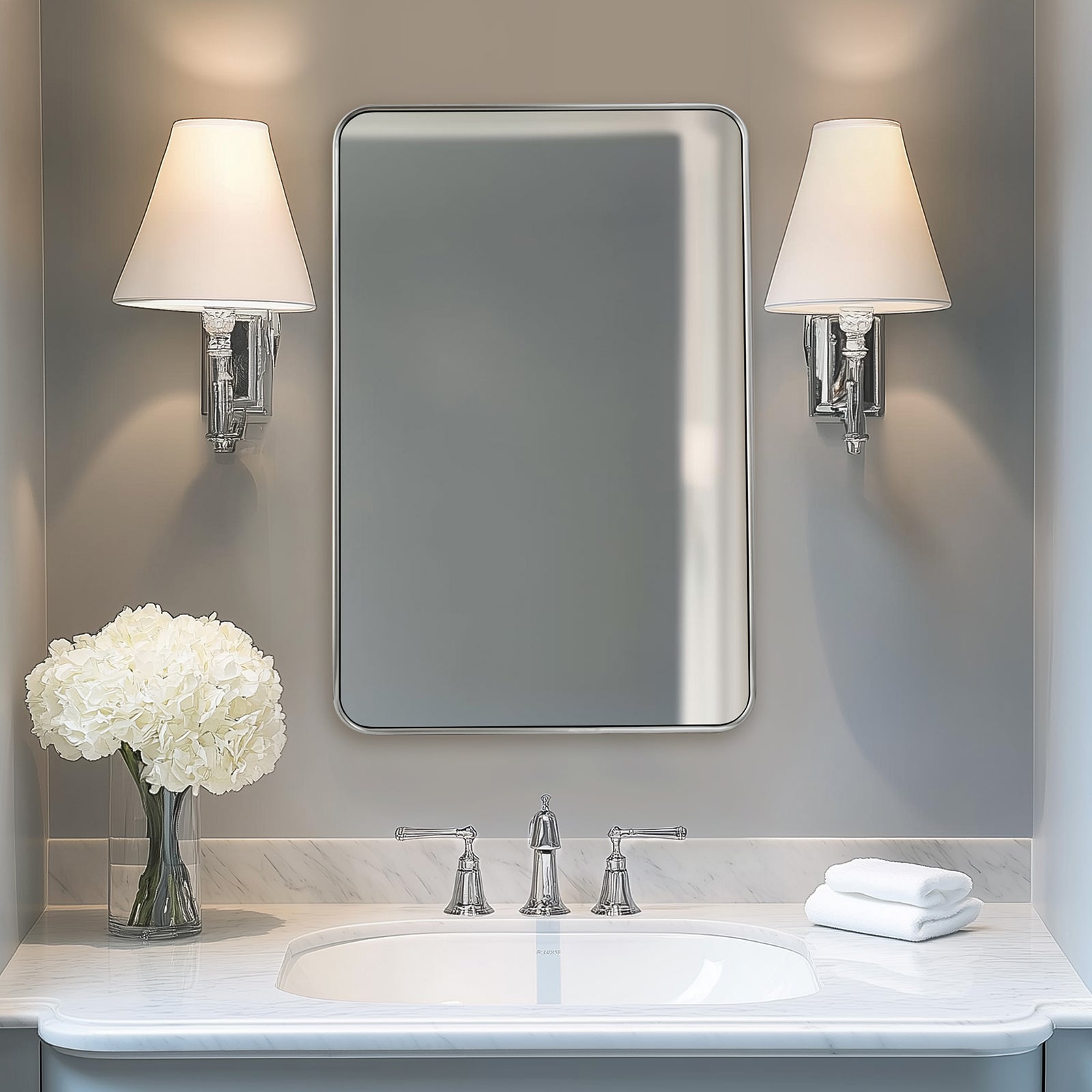 Modern Rounded Rectangular Bathroom Mirrors| U-Shaped Tube Stainless Steel Frame