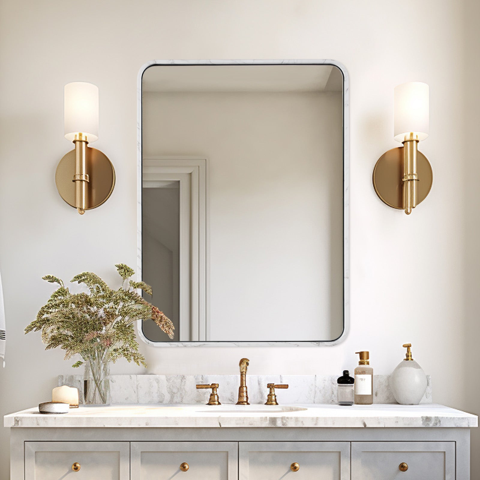 Contemporary Marble Framed Rectangle Wall Mirror for Bathroom Vanity