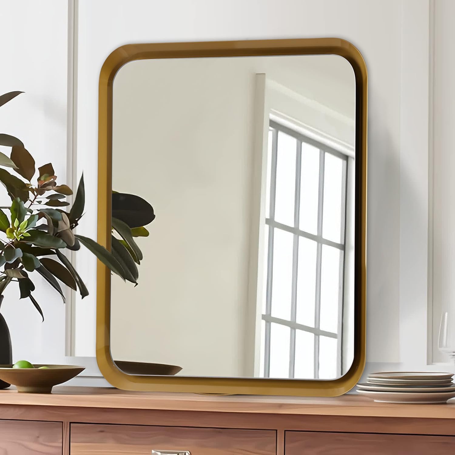 Contemporary Metal Beveled Framed Rounded Rectangle Wall Mirror for Bathroom