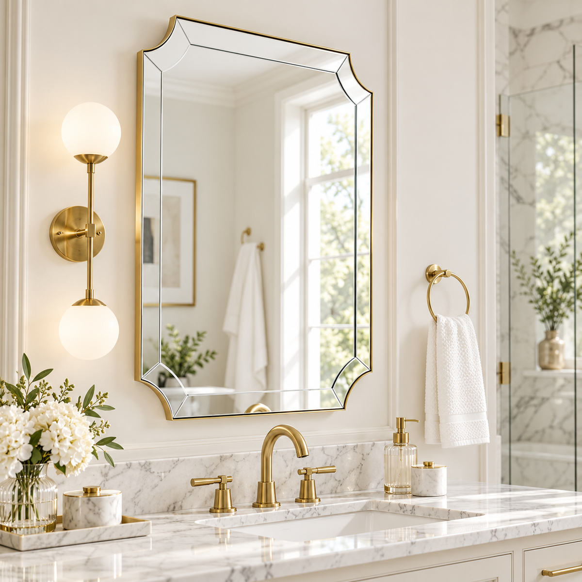 Luxury Glass Tiles Edge Cut Corner Scalloped Bathroom Vanity Mirrors | Stainless Steel Frame