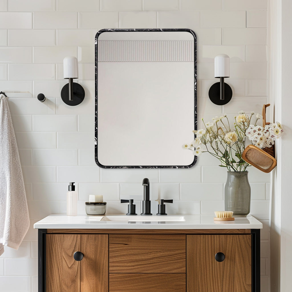 Contemporary Marble Framed Rectangle Wall Mirror for Bathroom Vanity